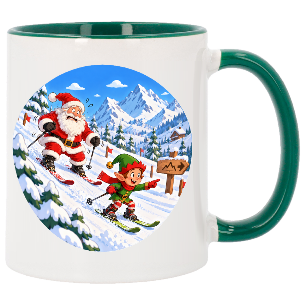 Mug Noël le père noël apprend à skier : le père-noël a décidé d'apprendre à skier, face arrière du mug de Noël vert