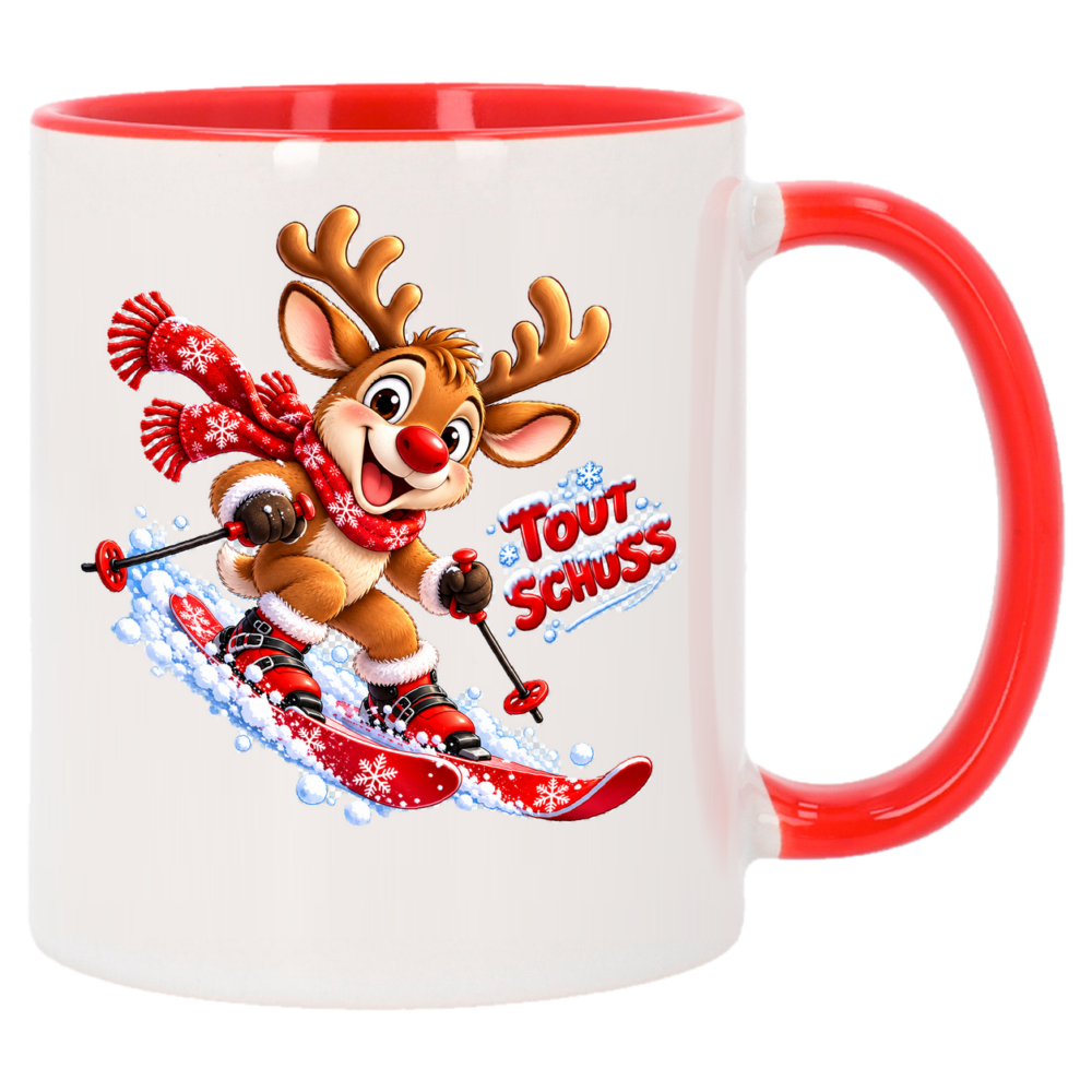 Mug Noël Le renne skieur : voilà un petit renne bien intrépide qui s'adonne au ski, face arrière du mug de Noël rouge