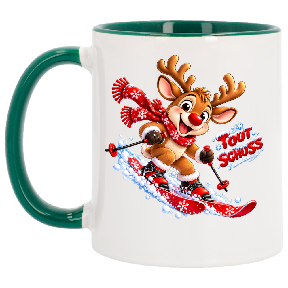 Mug Noël Le renne skieur : voilà un petit renne bien intrépide qui s'adonne, sur un mug de Noël à anse et intérieur verts