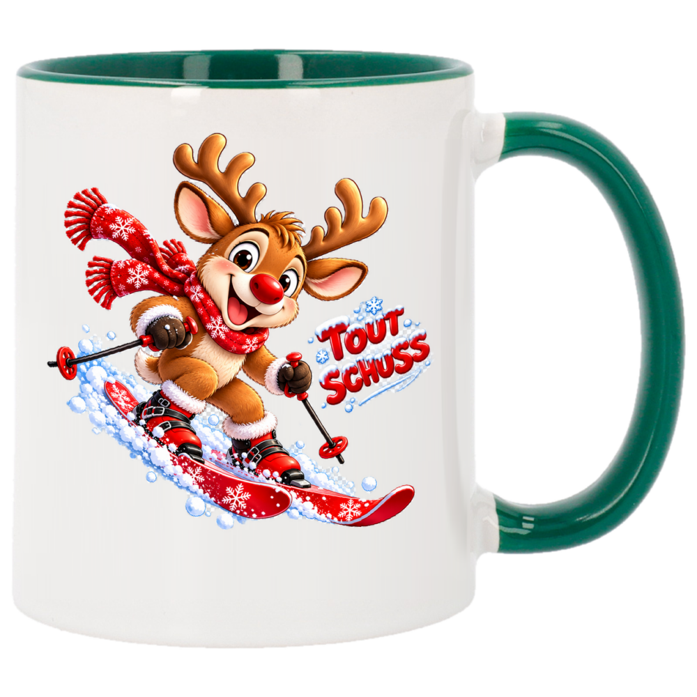 Mug Noël Le renne skieur : voilà un petit renne bien intrépide qui s'adonne au ski, face arrière du mug de Noël vert