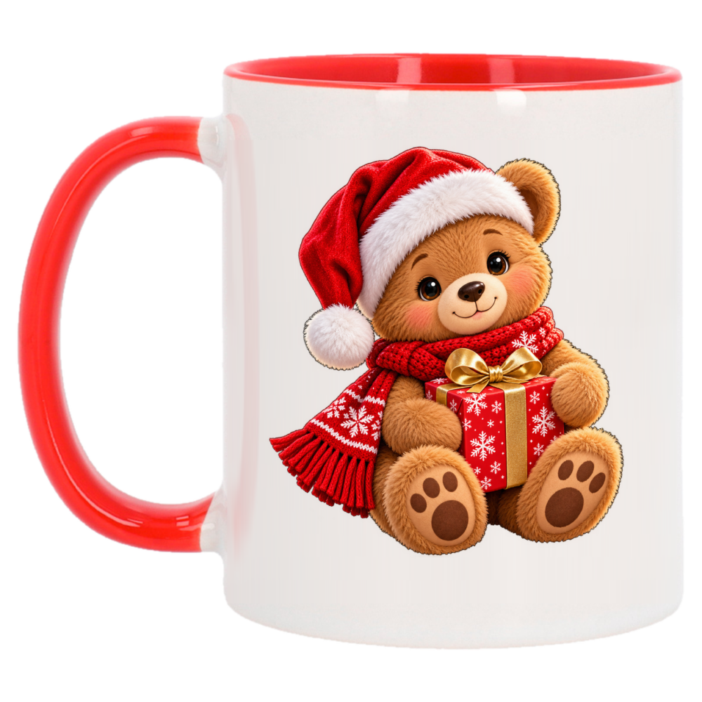 Mug Noël Ourson au cadeau : un ourson tout doux, bonnet de Père Noël, sur un mug de Noël à anse et intérieur rouges