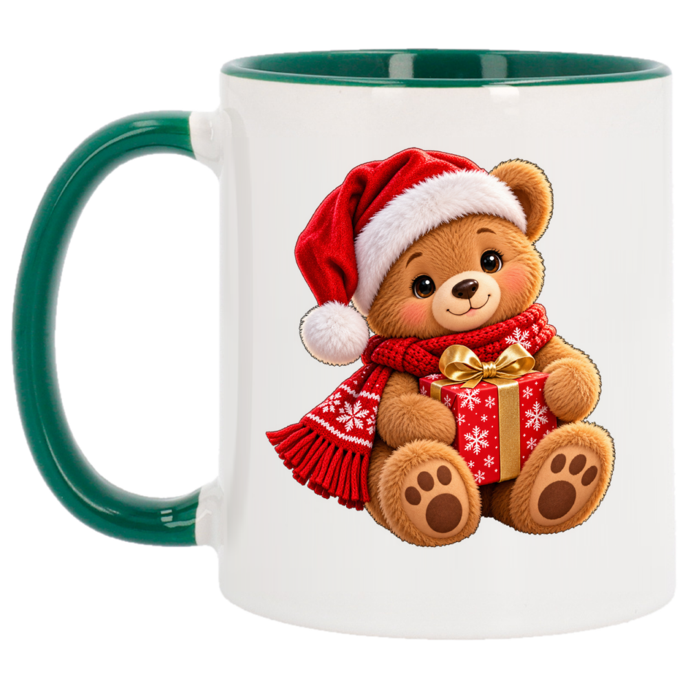 Mug Noël Ourson au cadeau : un ourson tout doux, bonnet de Père Noël, sur un mug de Noël à anse et intérieur verts