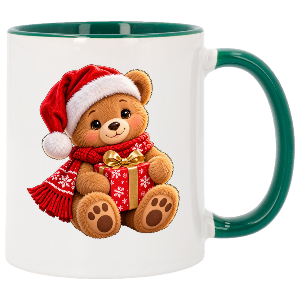 Mug Noël Ourson au cadeau : un ourson tout doux, bonnet de Père Noël sur la tête, face arrière du mug de Noël vert