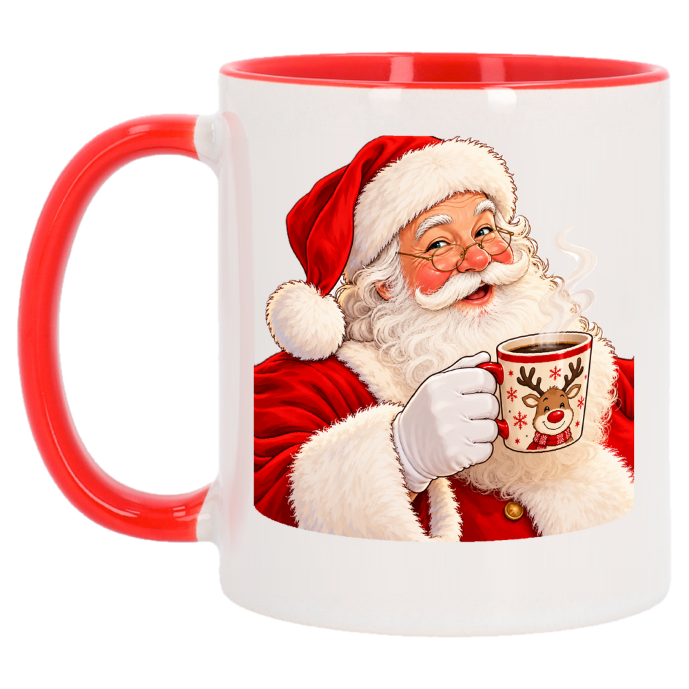 Mug Noël Pause café du Père Noël : le Père Noël, lunettes dorées sur le nez, sur un mug de Noël à anse et intérieur rouges