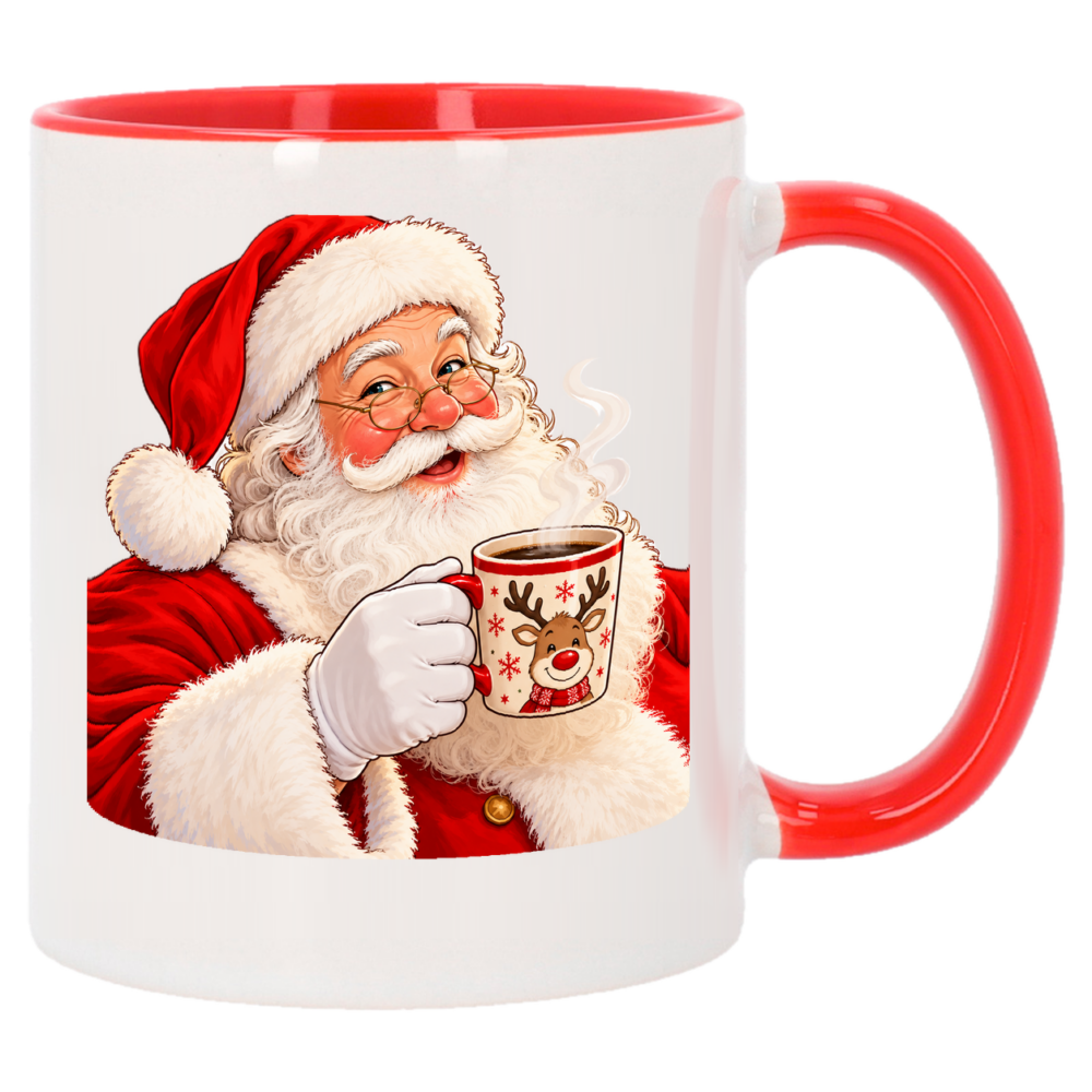 Mug Noël Pause café du Père Noël : le Père Noël, lunettes dorées sur le nez, face arrière du mug de Noël rouge
