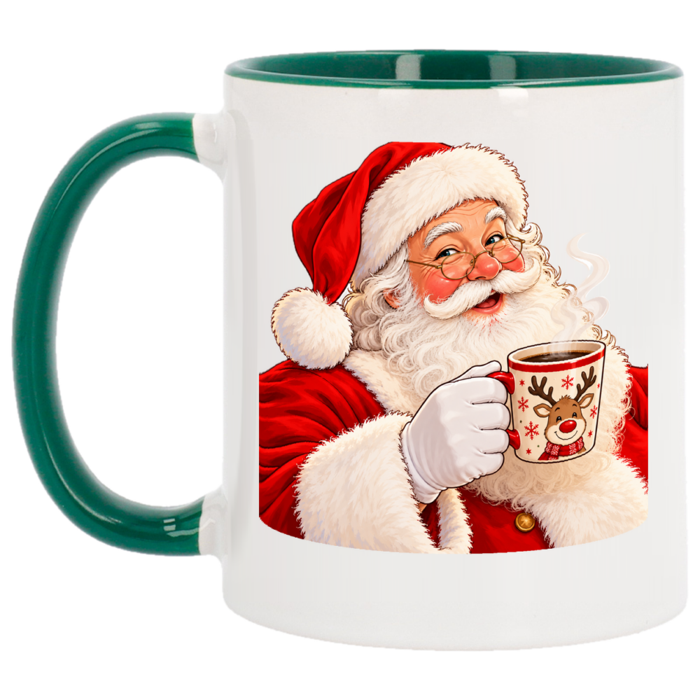 Mug Noël Pause café du Père Noël : le Père Noël, lunettes dorées sur le nez, sur un mug de Noël à anse et intérieur verts