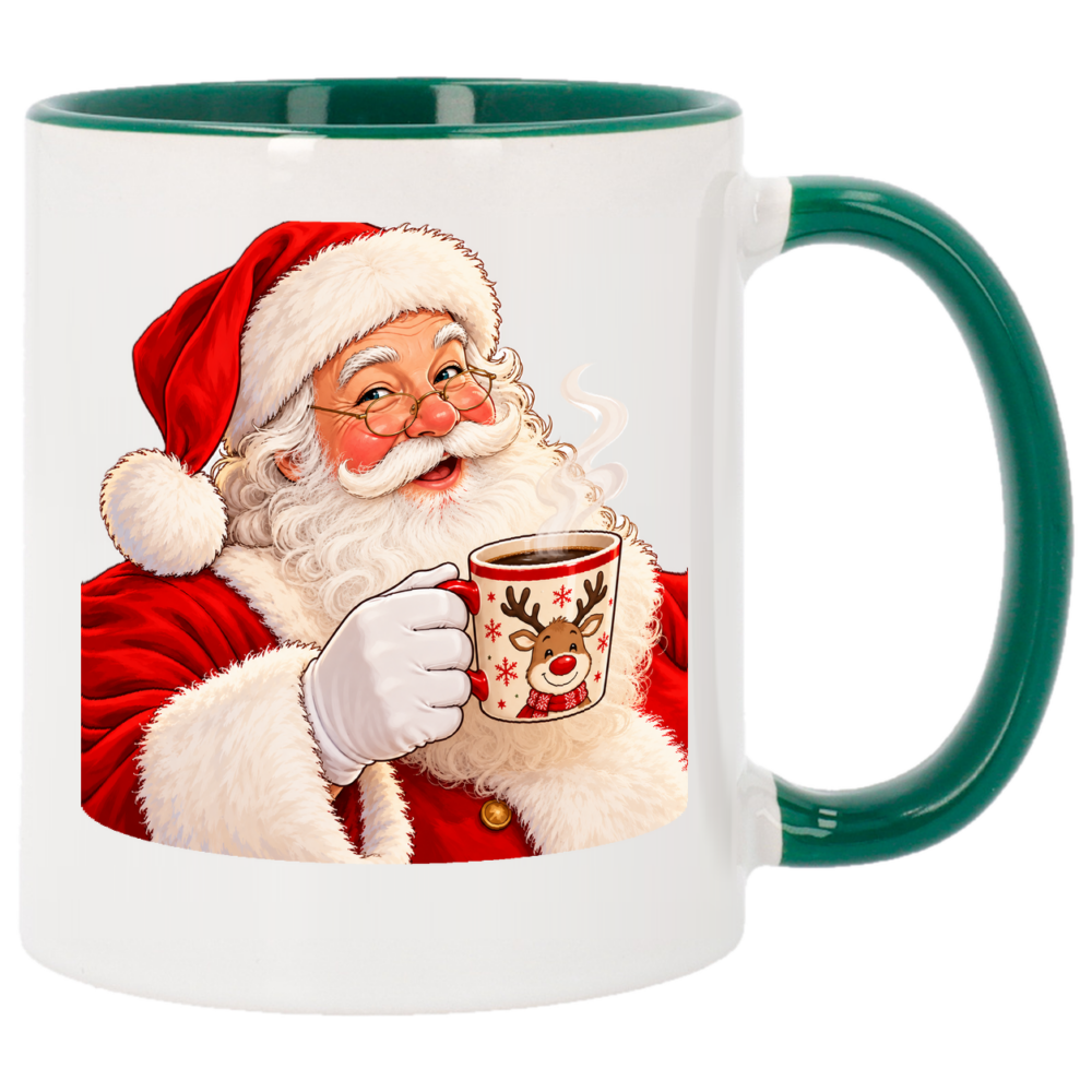 Mug Noël Pause café du Père Noël : le Père Noël, lunettes dorées sur le nez, face arrière du mug de Noël vert