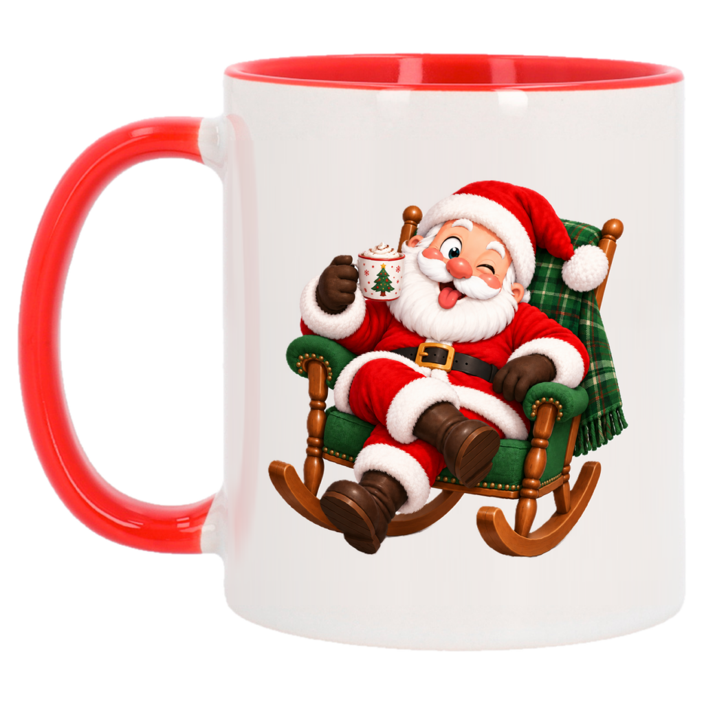 Mug de Noël rouge, le Père Noël se repose dans un fauteuil à bascule avec sa tasse