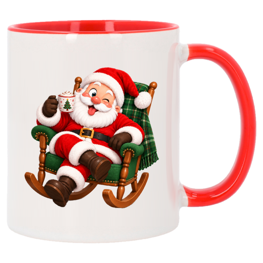 Mug Noël Père-Noël dans un fauteuil : père-Noël dans un fauteuil, face arrière du mug de Noël rouge