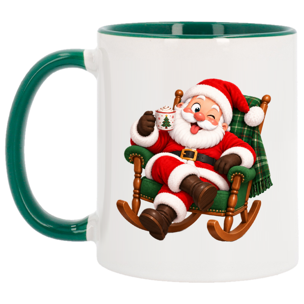 Mug Noël Père-Noël dans un fauteuil : père-Noël dans un fauteuil, sur un mug de Noël à anse et intérieur verts
