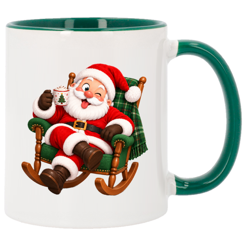 Mug Noël Père-Noël dans un fauteuil : père-Noël dans un fauteuil, face arrière du mug de Noël vert