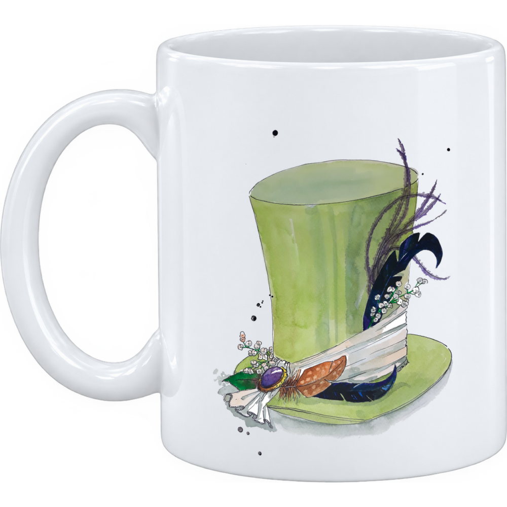 Mug Chapeau : un chapeau haut de forme, peint en vert d'eau translucide, sur un mug en céramique blanche
