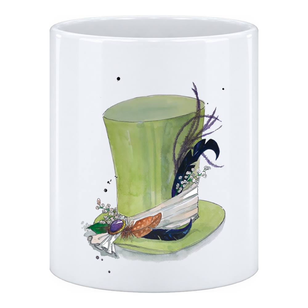 Mug Chapeau : un chapeau haut de forme, peint en vert d'eau translucide, en pot à crayons
