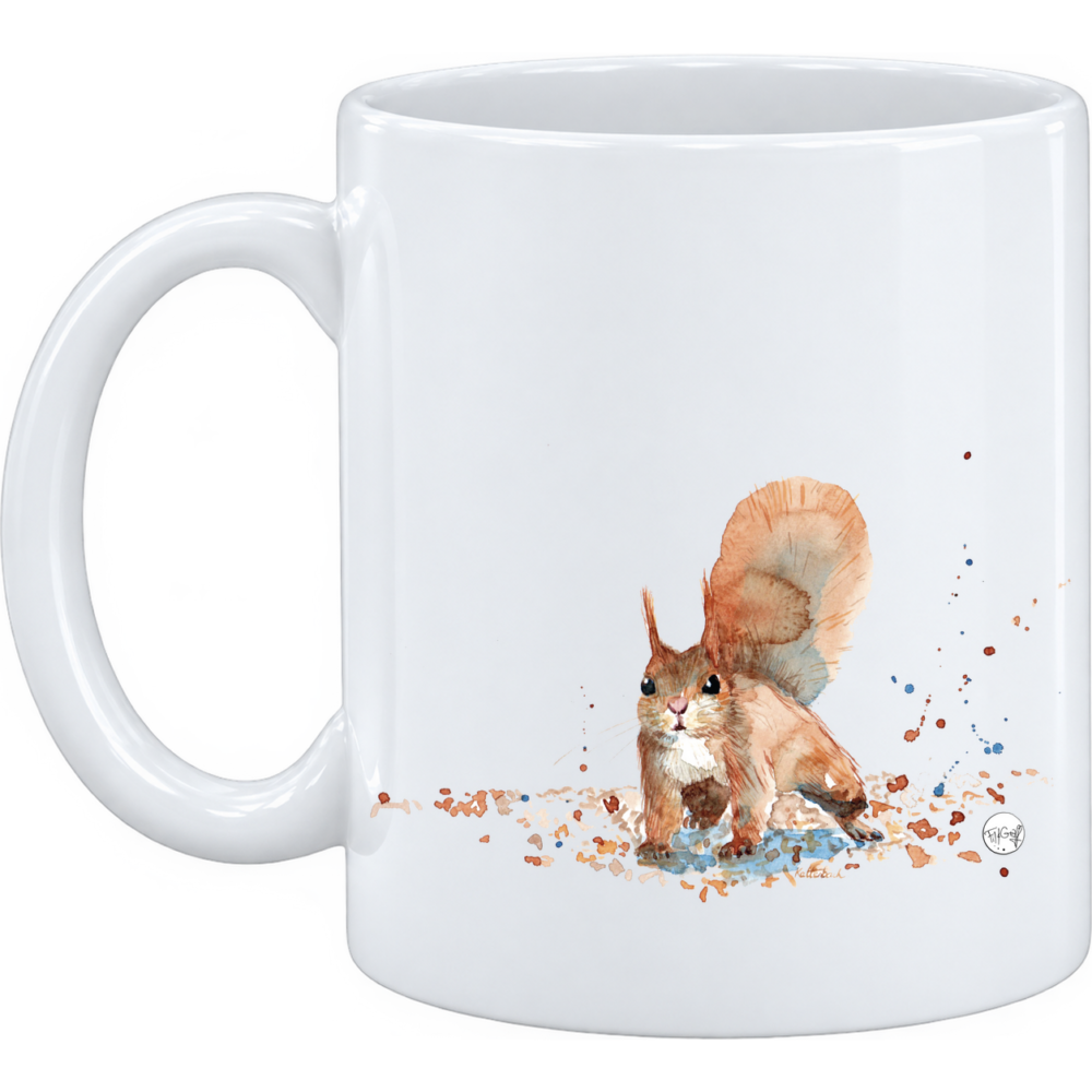 Mug Écureuil : assis, les pattes serrées, sur un mug en céramique blanche