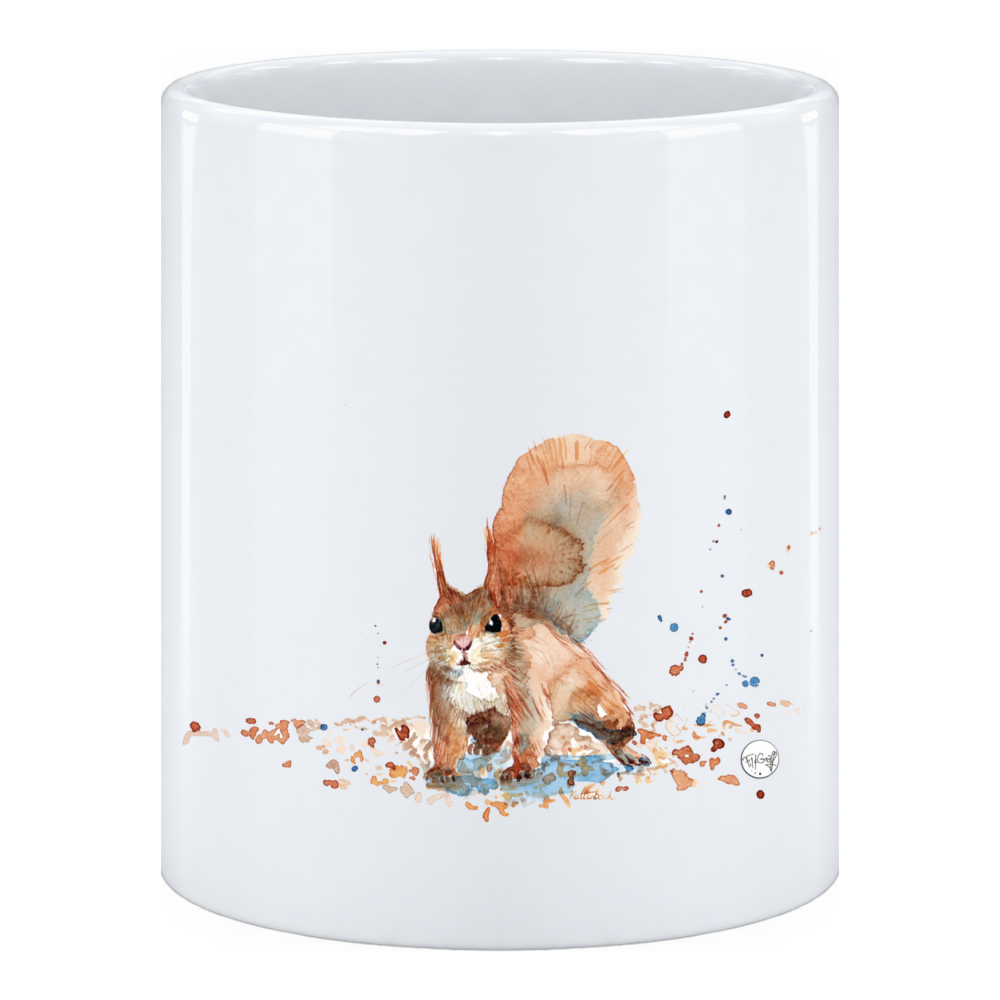 Mug Écureuil : assis, les pattes serrées, il est surmonté d'une queue rousse deux fois plus grande, en pot à crayons