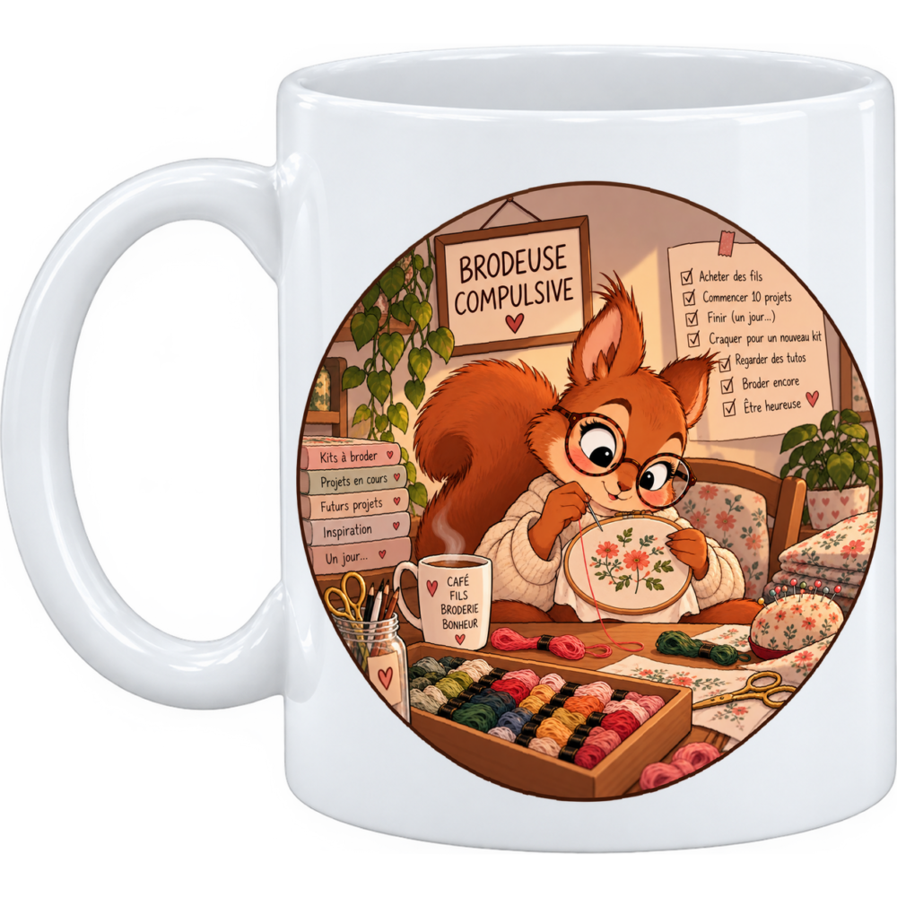 Mug Ecureuille brodeuse compulsive : commencer 10 projets, sur un mug en céramique blanche