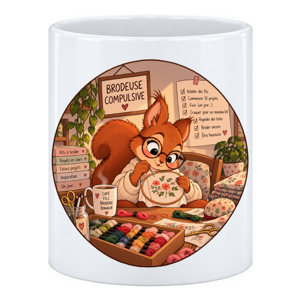 Mug Ecureuille brodeuse compulsive : commencer 10 projets, en pot à crayons