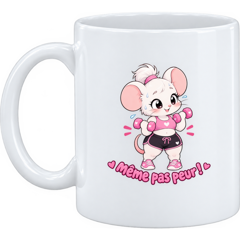Mug Petite souris sportive : et un, et deux, trop facile pour notre petite souris sportive, sur un mug en céramique blanche