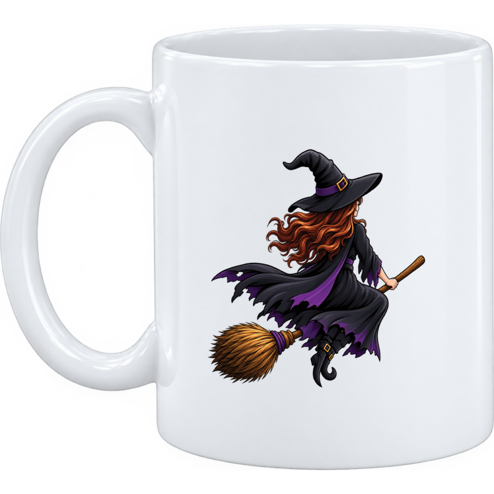 Mug Sorcière en couleur Halloween : notre petite sorcière en couleur, perchée, sur un mug en céramique blanche