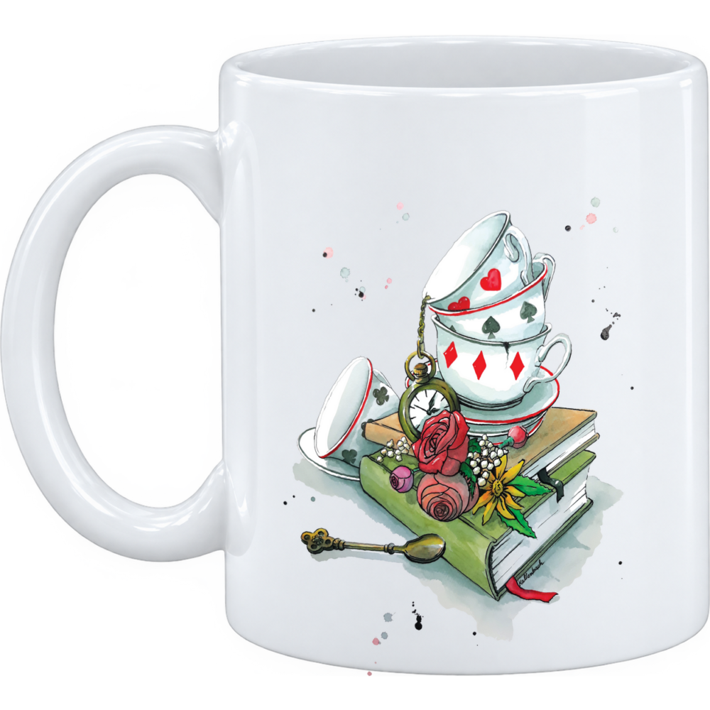 Mug Tasses : une pile de tasses en équilibre, cœur, pique, carreau, trèfle, posée, sur un mug en céramique blanche