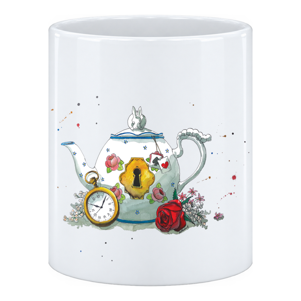 Mug Théière : turquoise, ventrue, avec une serrure dorée peinte en plein milieu du corps, en pot à crayons
