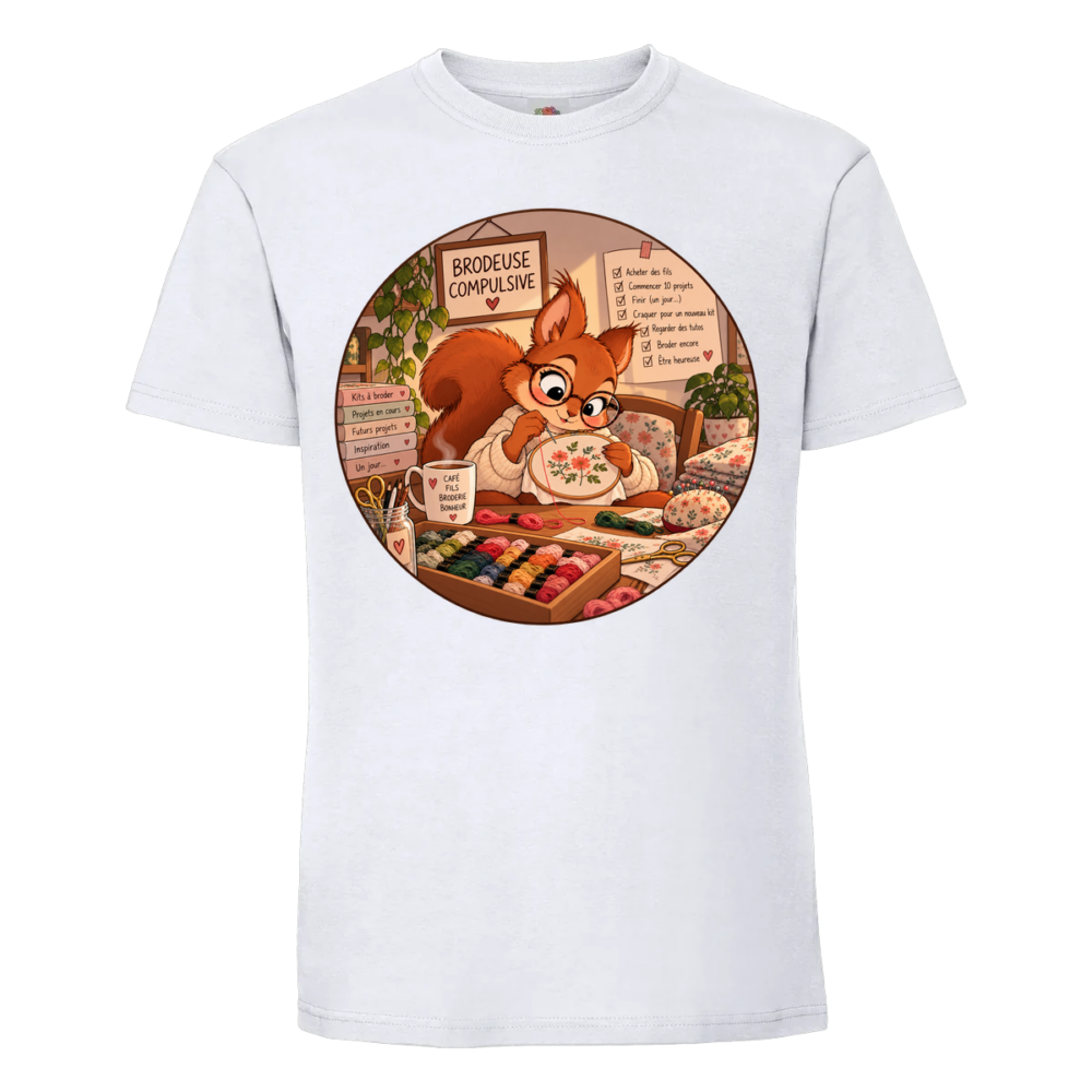 T-shirt Ecureuille brodeuse compulsive : une demoiselle écureuille passionnée de broderie, sur un t-shirt blanc