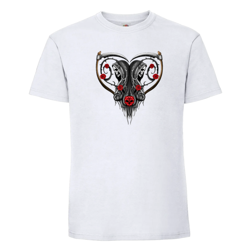 T-shirt Halloween dos à dos : deux personnages os à dos avec des faux en forme de coeur, sur un t-shirt blanc
