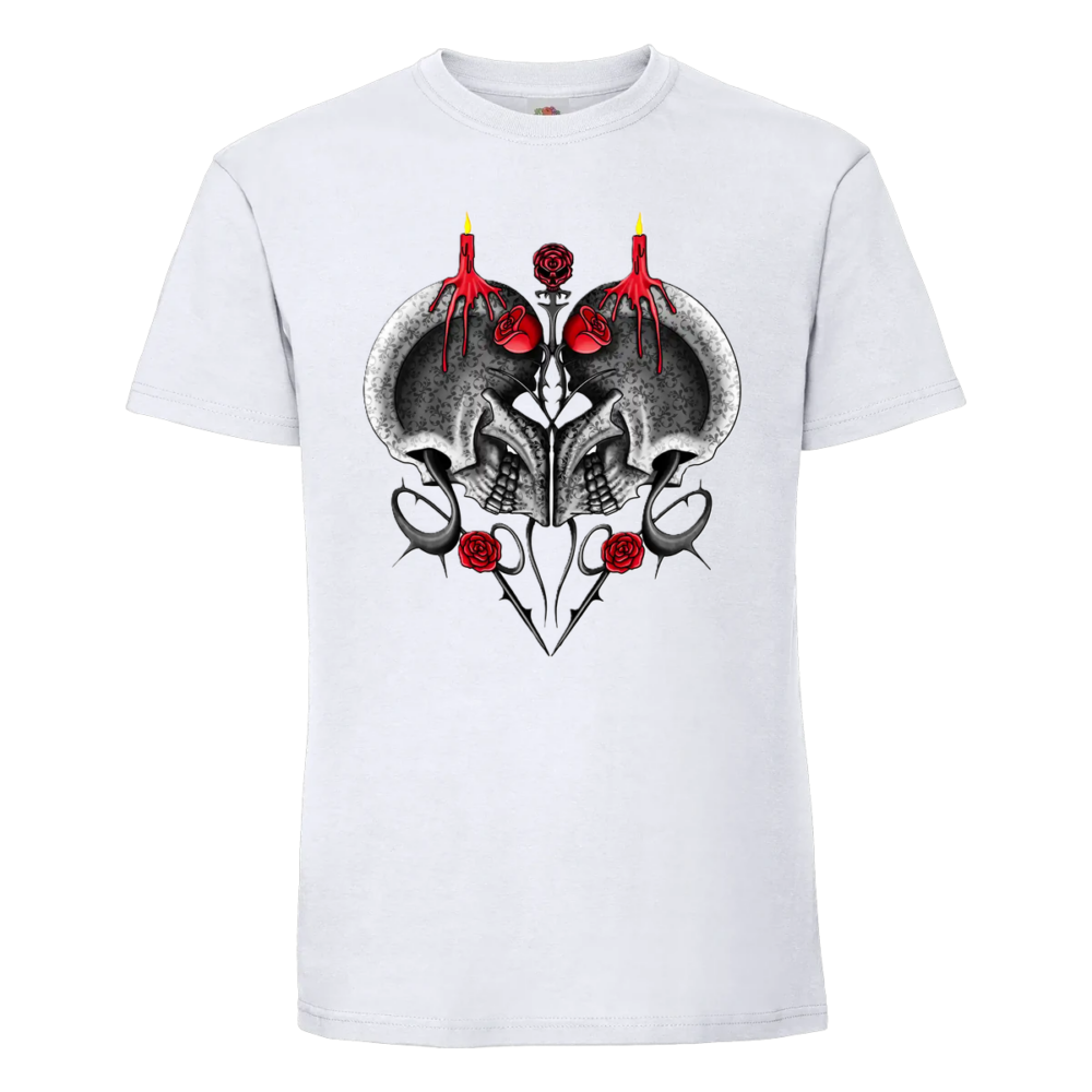 T-shirt Halloween Tête à tête : deux crânes tête à tête avec 2 bougies sur le dessus, sur un t-shirt blanc