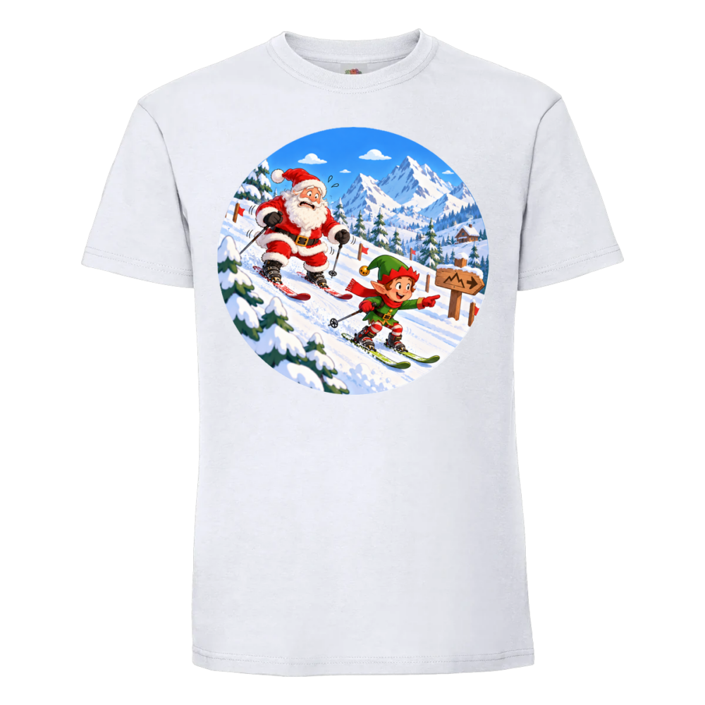 T-shirt le père noël apprend à skier : le père-noël a décidé d'apprendre à skier, sur un t-shirt blanc