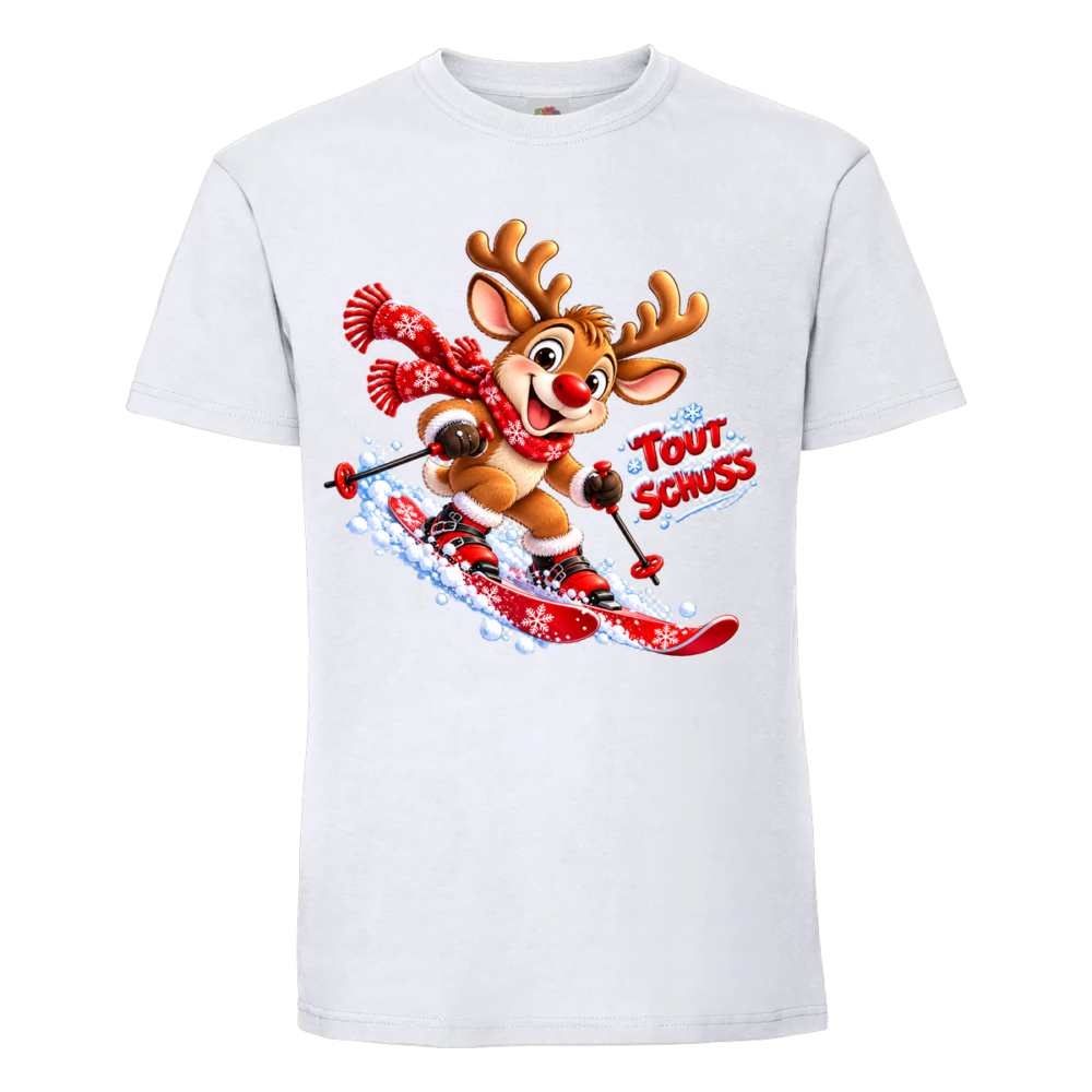 T-shirt Le renne skieur : voilà un petit renne bien intrépide qui s'adonne au ski, tout schuss, sur un t-shirt blanc