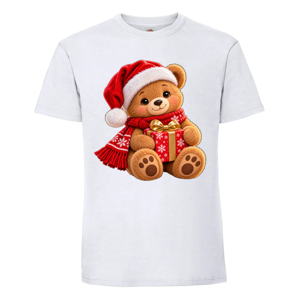 T-shirt Ourson au cadeau : un ourson tout doux, bonnet de Père Noël sur la tête, sur un t-shirt blanc
