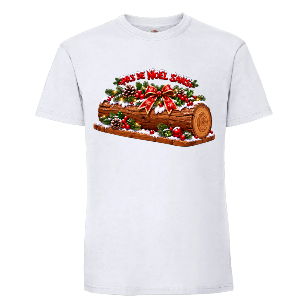 T-shirt Pas de Noël sans bûche : une belle bûche en bois sous la neige, garnie de houx, sur un t-shirt blanc