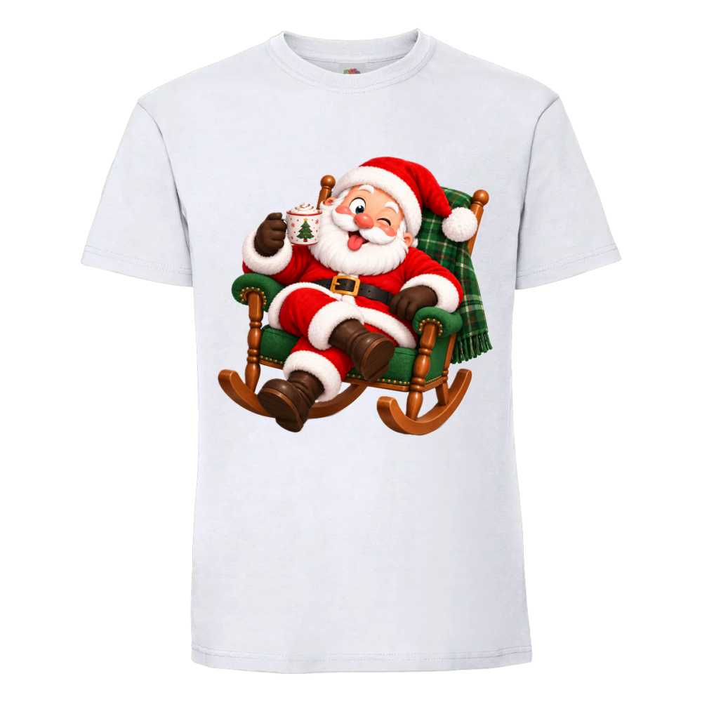 T-shirt Père-Noël dans un fauteuil : le T-shirt de Noël Père-Noël dans un fauteuil se glisse, sur un t-shirt blanc