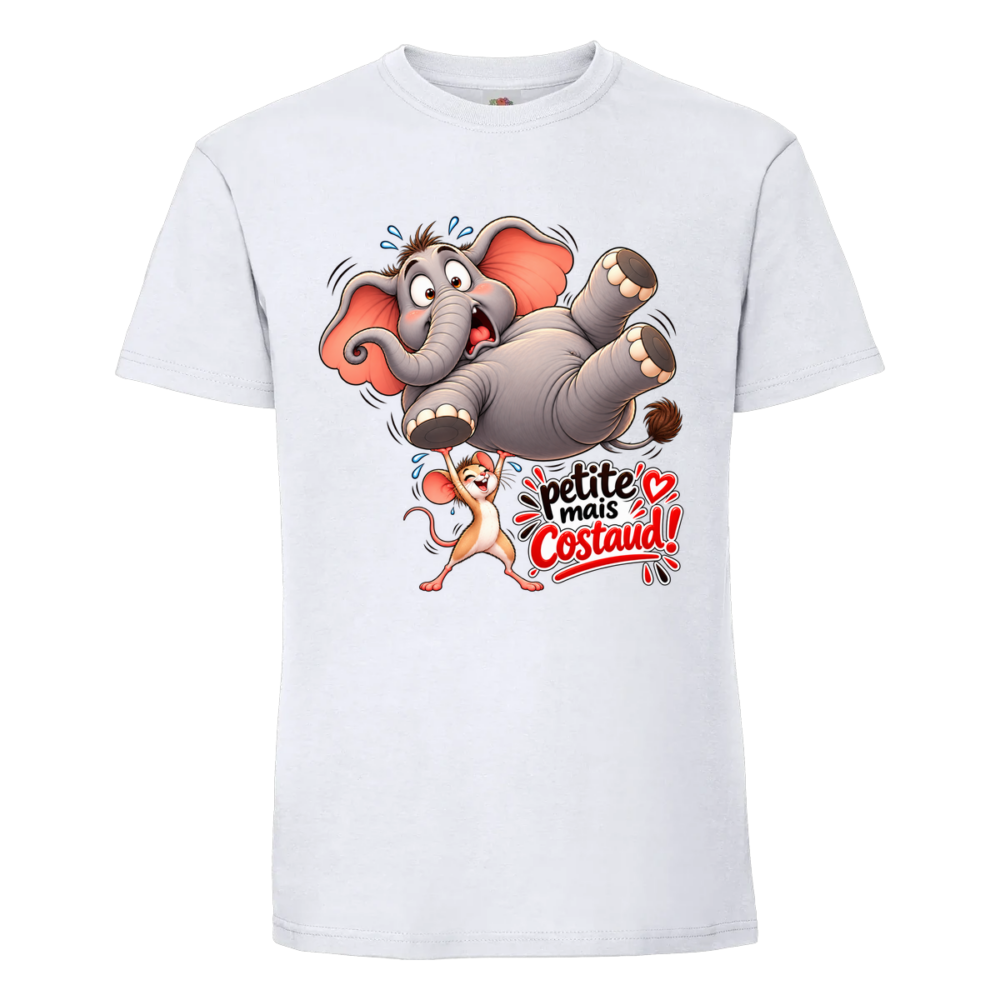 T-shirt Souris petite mais costaud : voilà un éléphant qui regrette de s'être moqué de la petite souris, sur un t-shirt blanc