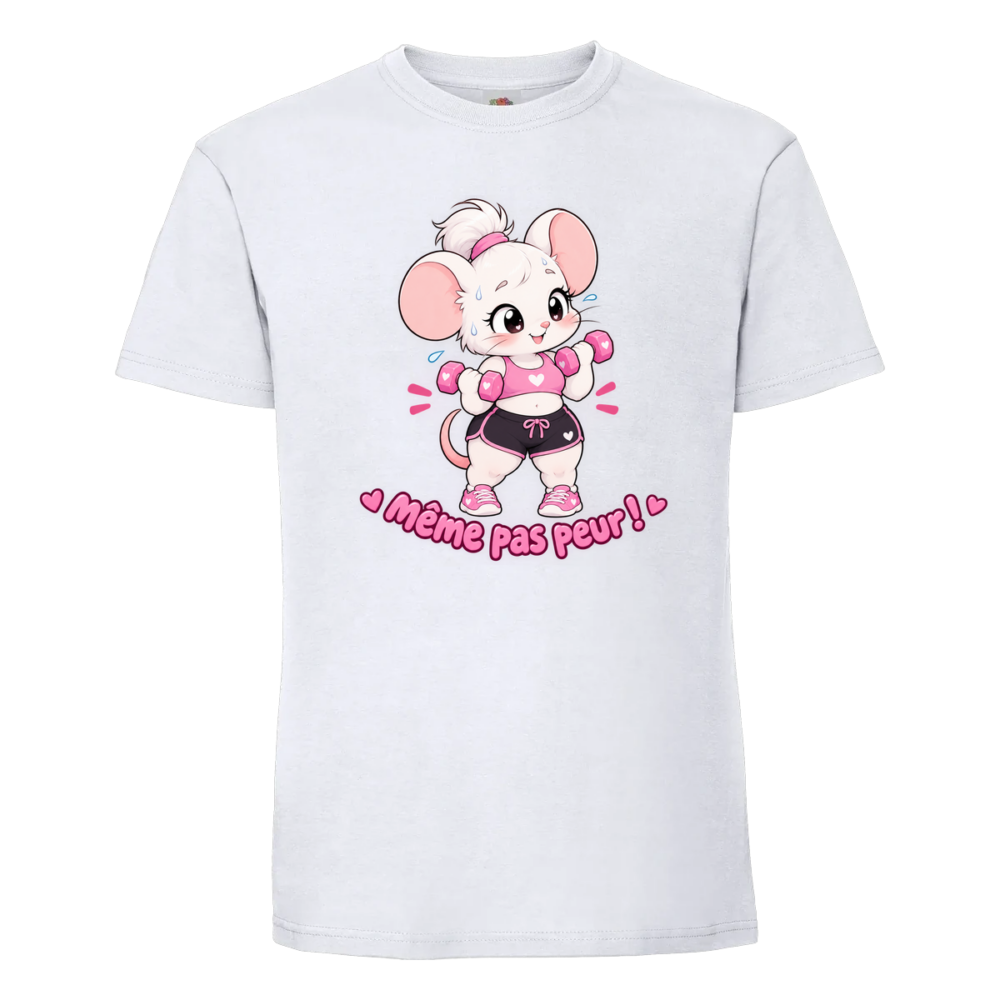 T-shirt Souris sportive : qui a dit qu'une petite souris ne pouvait pas faire de sport, sur un t-shirt blanc
